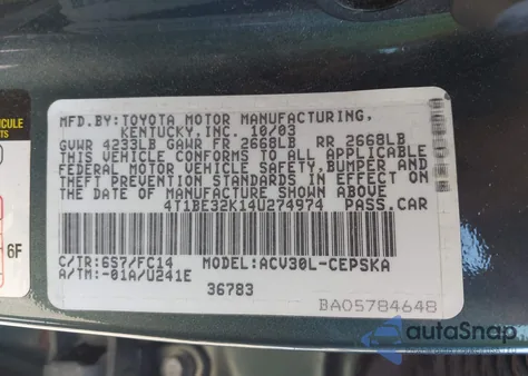 2004 Toyota Camry Se from USA, damaged, VIN 4T1BE32K14U274974